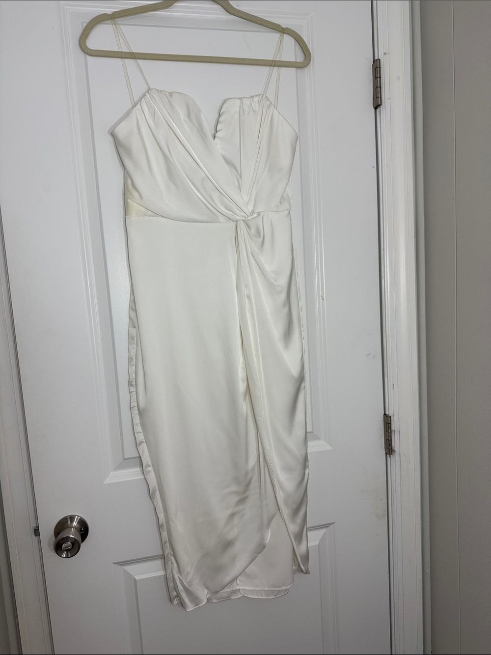 DO+BE Ivory Strapless Satin Twist-Front Midi Dress